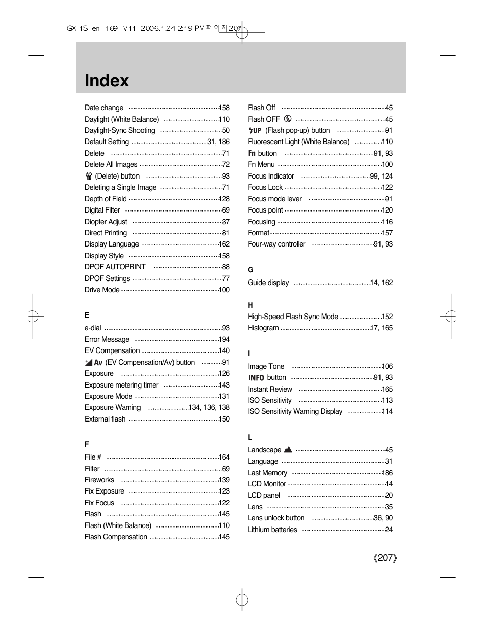 Index, Ŝ207ş | Samsung Digimax GX-1S User Manual | Page 208 / 214
