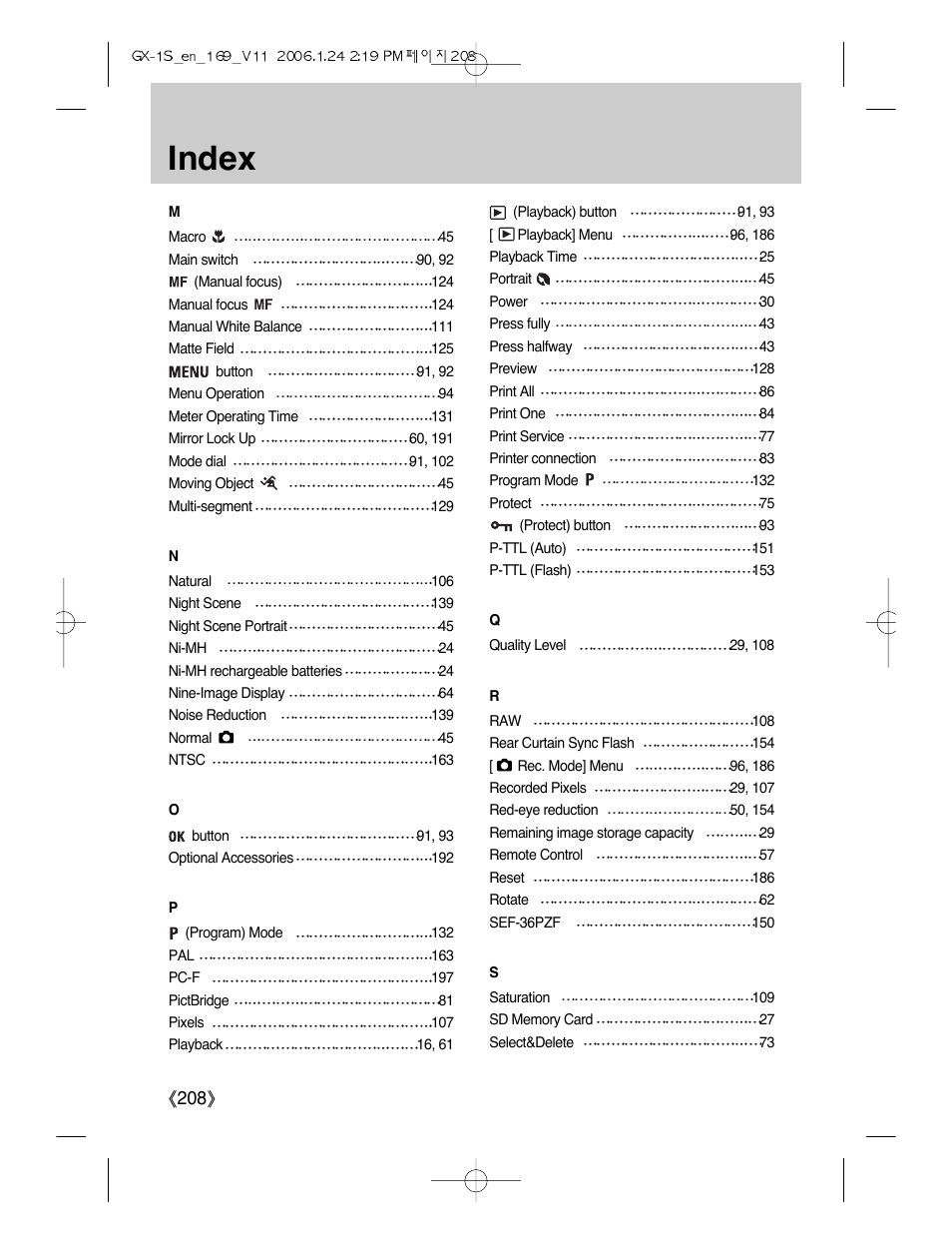Index, Ŝ208ş | Samsung Digimax GX-1S User Manual | Page 209 / 214