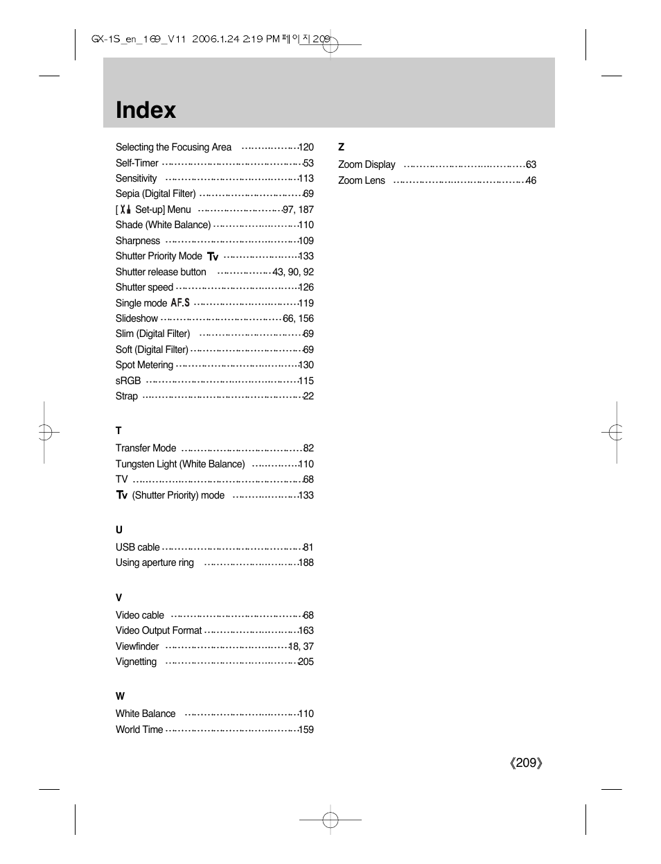 Index, Ŝ209ş | Samsung Digimax GX-1S User Manual | Page 210 / 214