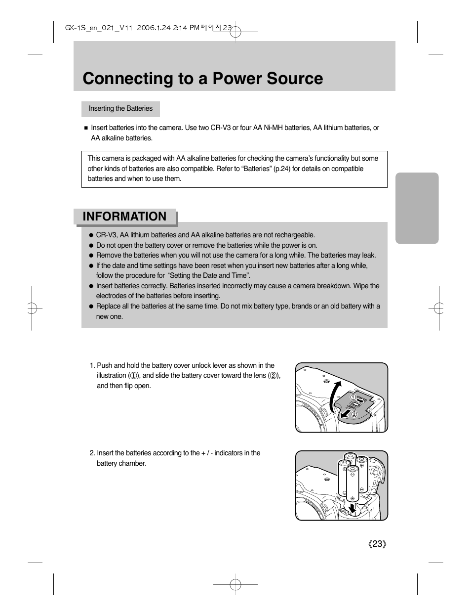 Connecting to a power source, Information | Samsung Digimax GX-1S User Manual | Page 24 / 214