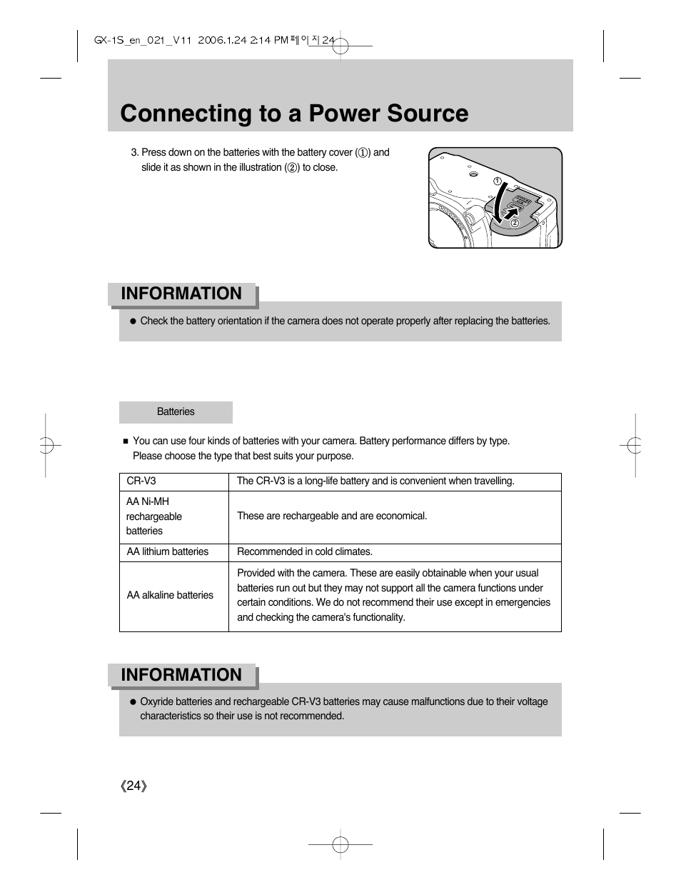 Connecting to a power source, Information | Samsung Digimax GX-1S User Manual | Page 25 / 214