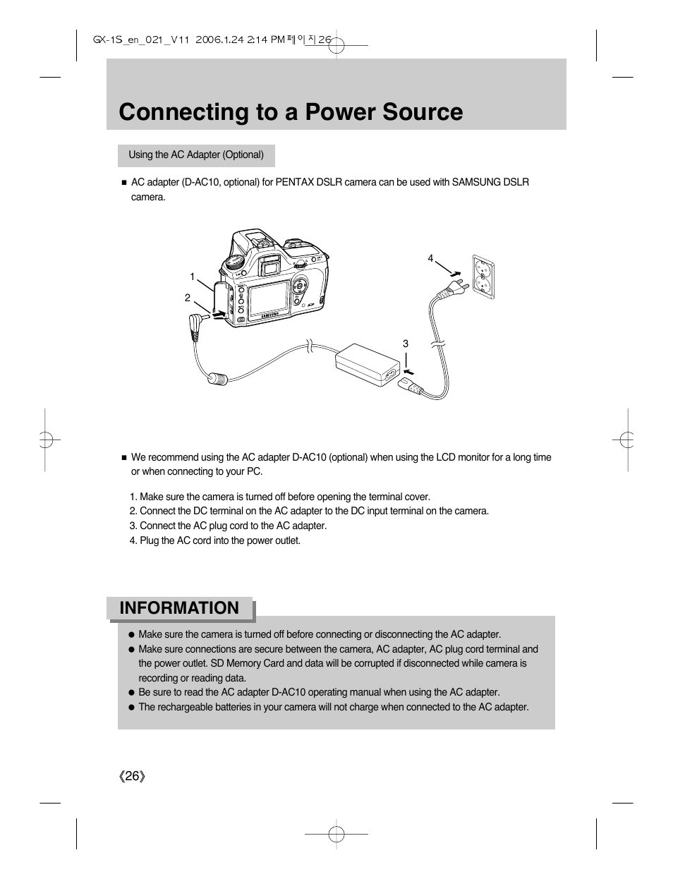 Connecting to a power source, Information | Samsung Digimax GX-1S User Manual | Page 27 / 214