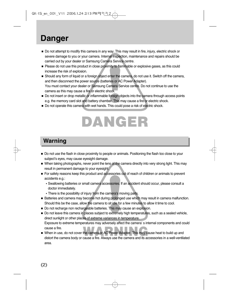 Danger, Warning | Samsung Digimax GX-1S User Manual | Page 3 / 214