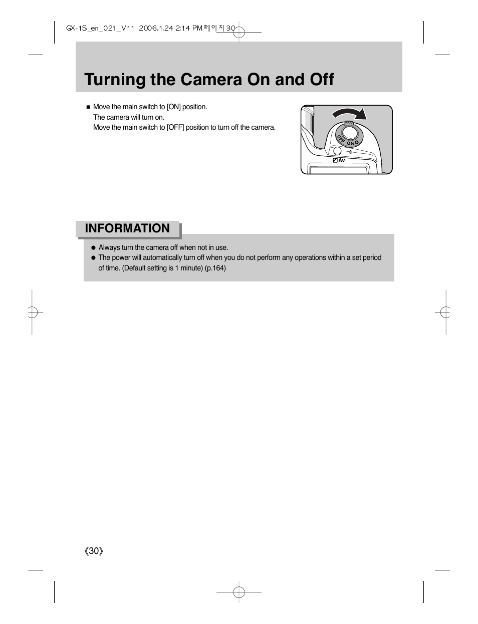 Turning the camera on and off, Information | Samsung Digimax GX-1S User Manual | Page 31 / 214