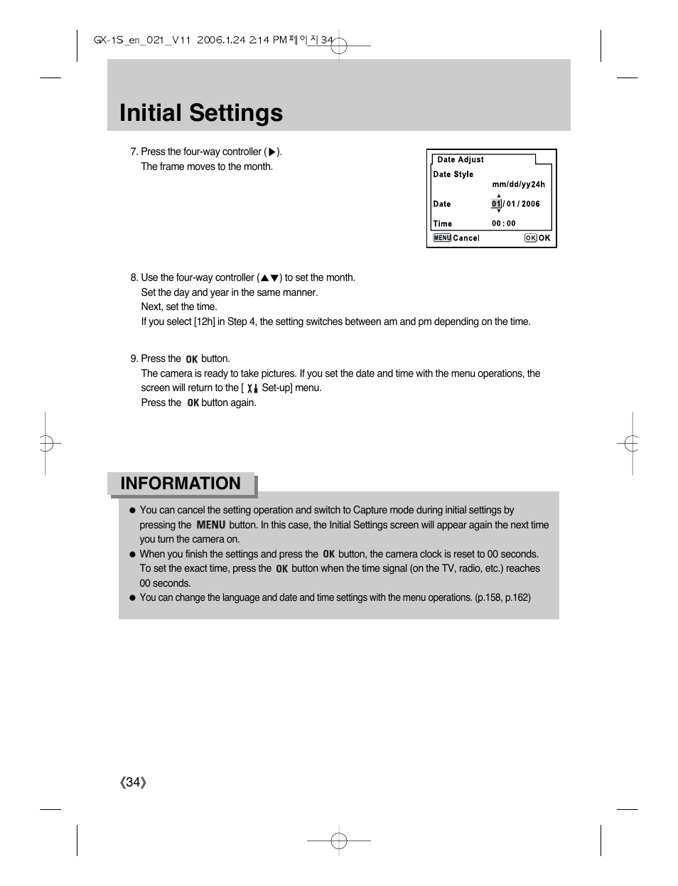 Initial settings, Information | Samsung Digimax GX-1S User Manual | Page 35 / 214