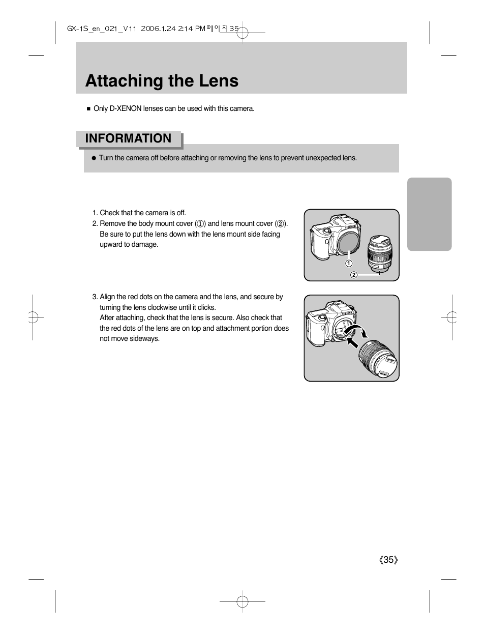 Attaching the lens, Information | Samsung Digimax GX-1S User Manual | Page 36 / 214