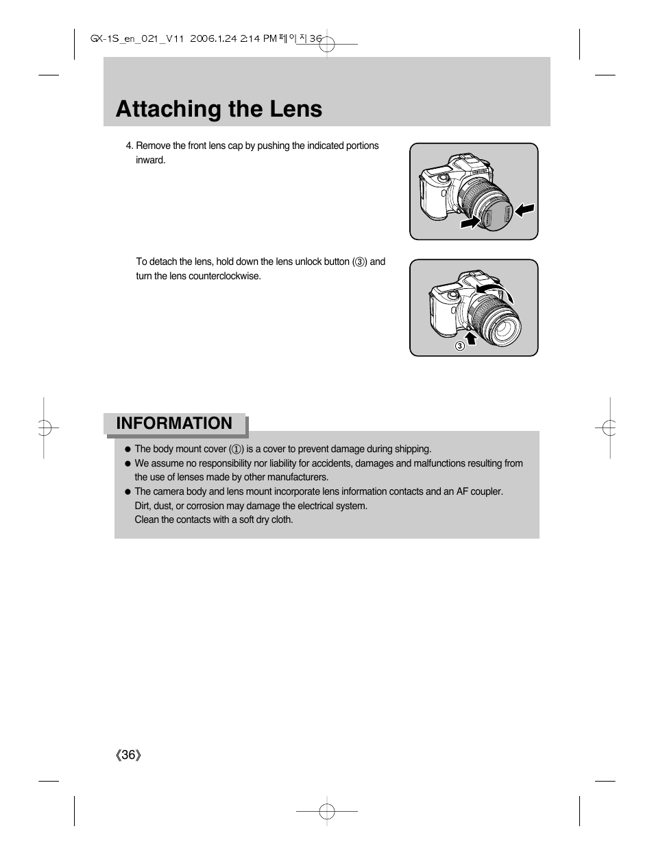 Attaching the lens, Information | Samsung Digimax GX-1S User Manual | Page 37 / 214