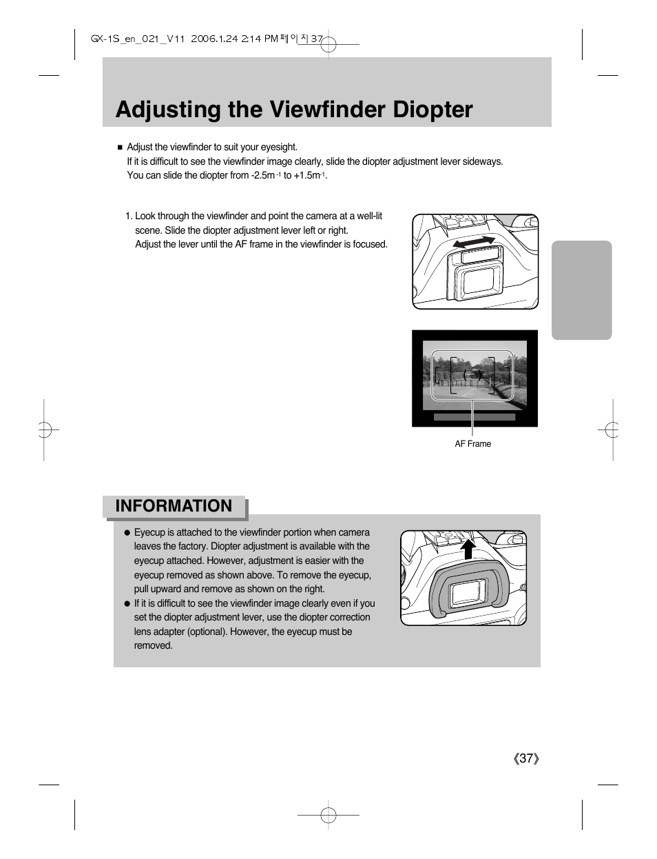 Adjusting the viewfinder diopter, Information | Samsung Digimax GX-1S User Manual | Page 38 / 214