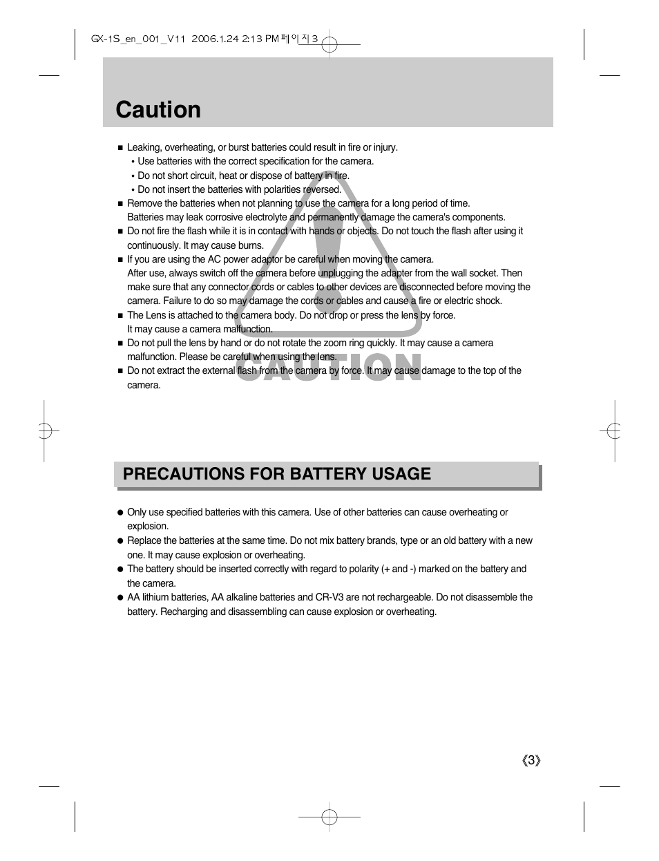 Caution, Precautions for battery usage | Samsung Digimax GX-1S User Manual | Page 4 / 214