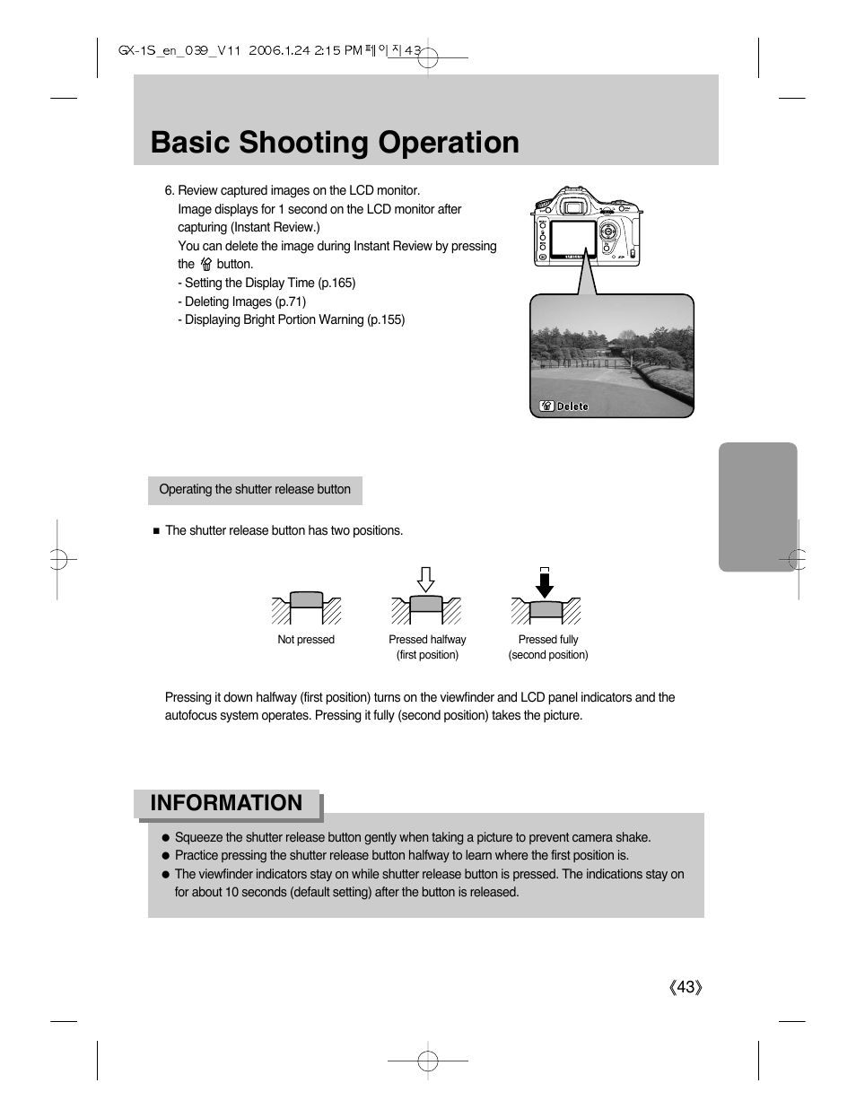 Basic shooting operation, Information | Samsung Digimax GX-1S User Manual | Page 44 / 214