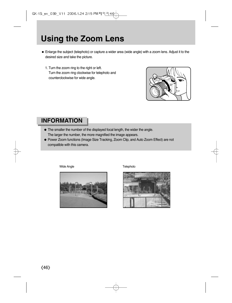 Using the zoom lens, Information | Samsung Digimax GX-1S User Manual | Page 47 / 214