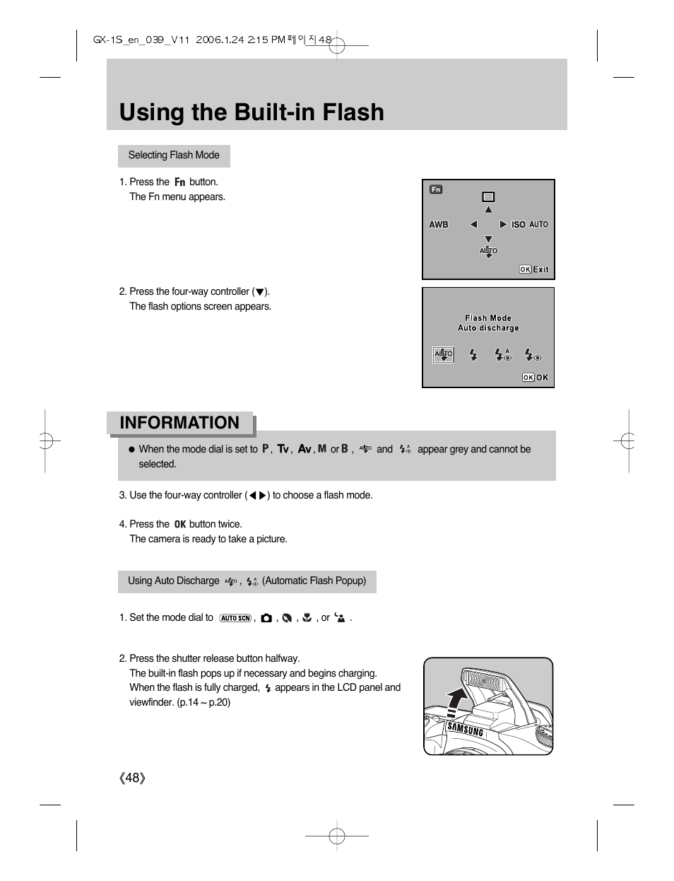 Using the built-in flash, Information | Samsung Digimax GX-1S User Manual | Page 49 / 214