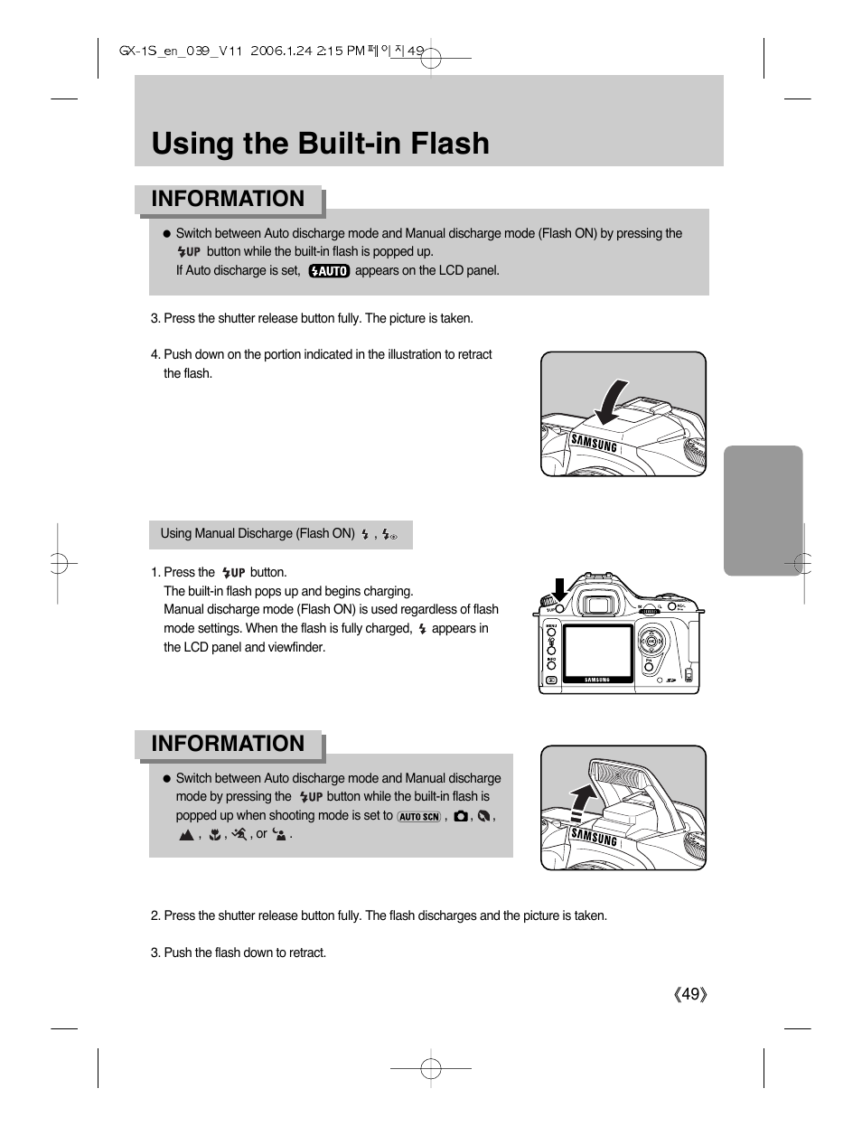 Using the built-in flash, Information | Samsung Digimax GX-1S User Manual | Page 50 / 214