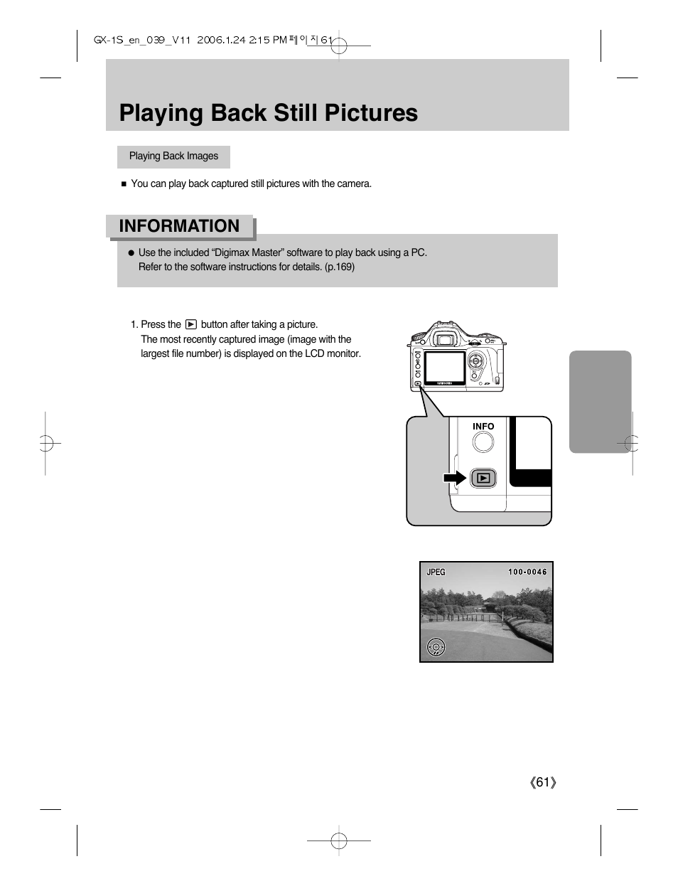 Playing back still pictures, Information | Samsung Digimax GX-1S User Manual | Page 62 / 214