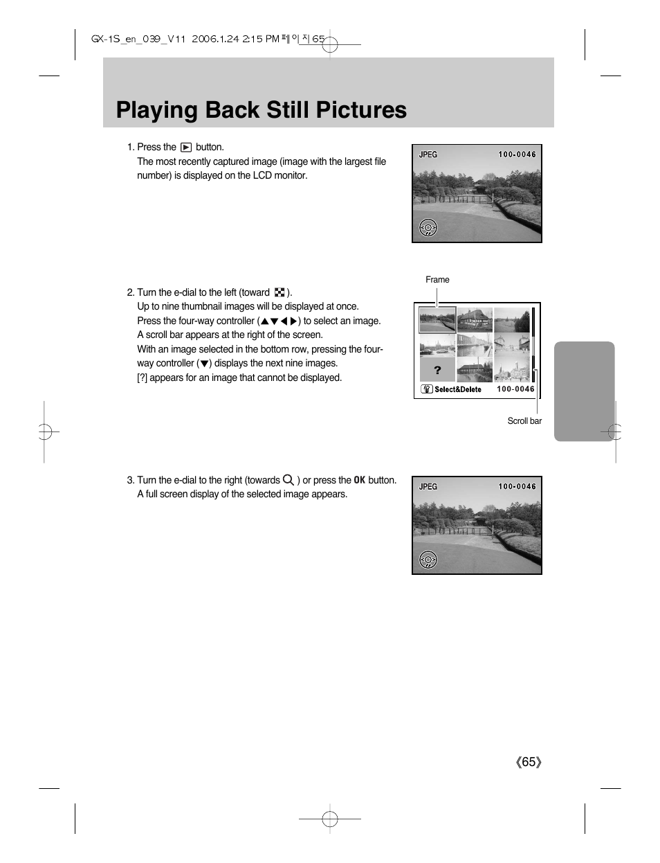 Playing back still pictures | Samsung Digimax GX-1S User Manual | Page 66 / 214