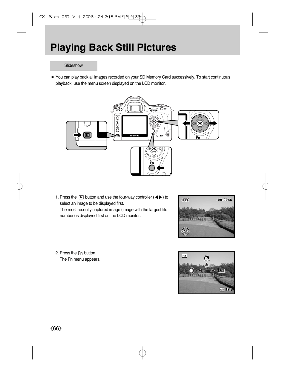 Playing back still pictures | Samsung Digimax GX-1S User Manual | Page 67 / 214