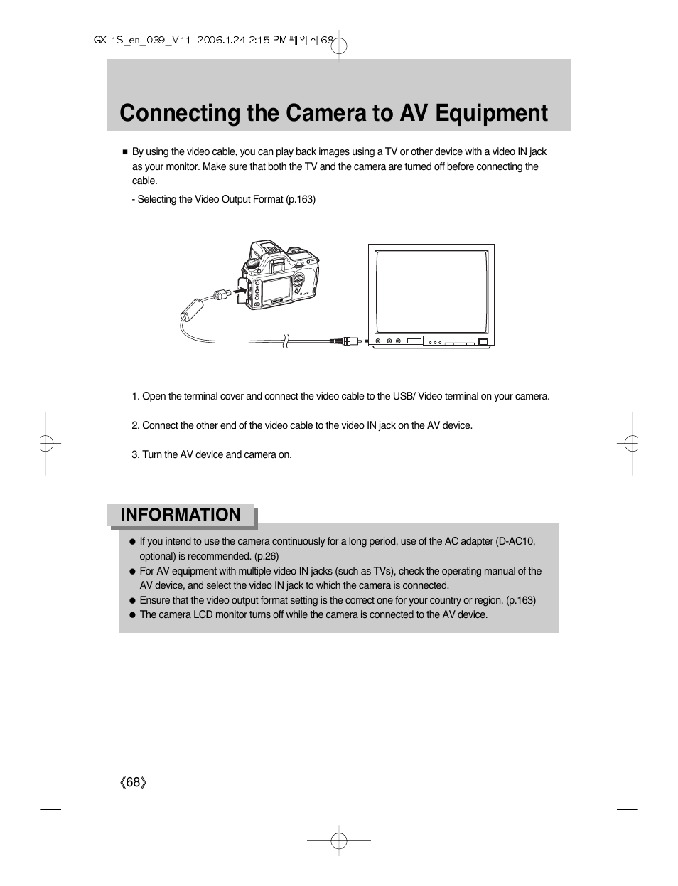 Connecting the camera to av equipment, Information | Samsung Digimax GX-1S User Manual | Page 69 / 214