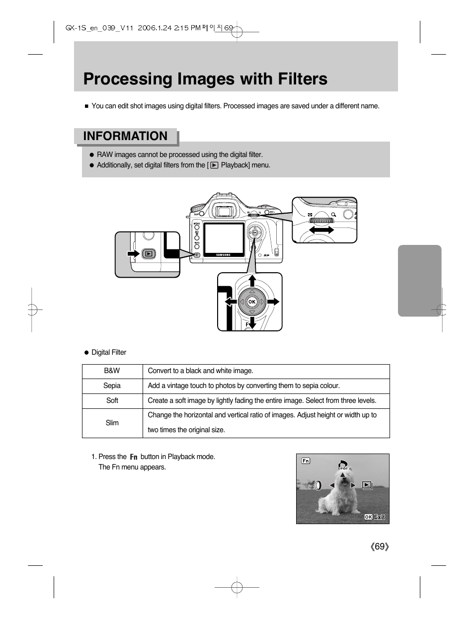Processing images with filters, Information | Samsung Digimax GX-1S User Manual | Page 70 / 214