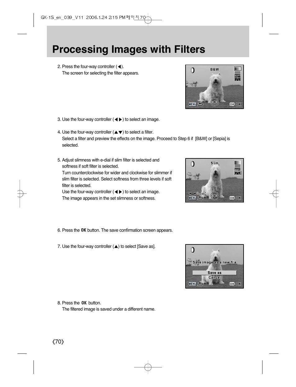 Processing images with filters | Samsung Digimax GX-1S User Manual | Page 71 / 214
