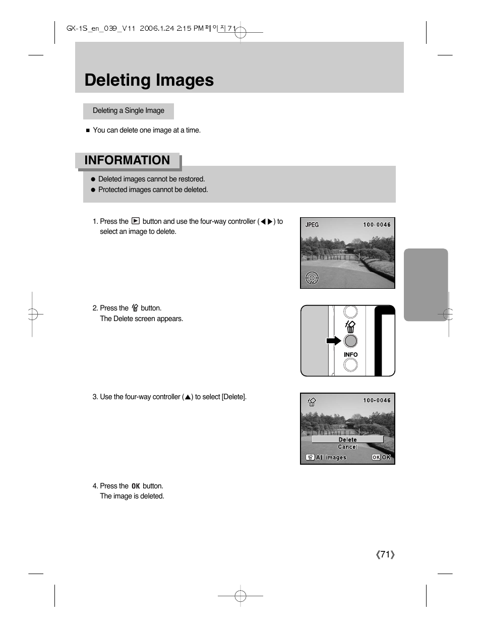 Deleting images, Information | Samsung Digimax GX-1S User Manual | Page 72 / 214