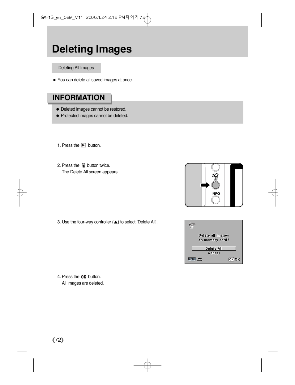 Deleting images, Information | Samsung Digimax GX-1S User Manual | Page 73 / 214