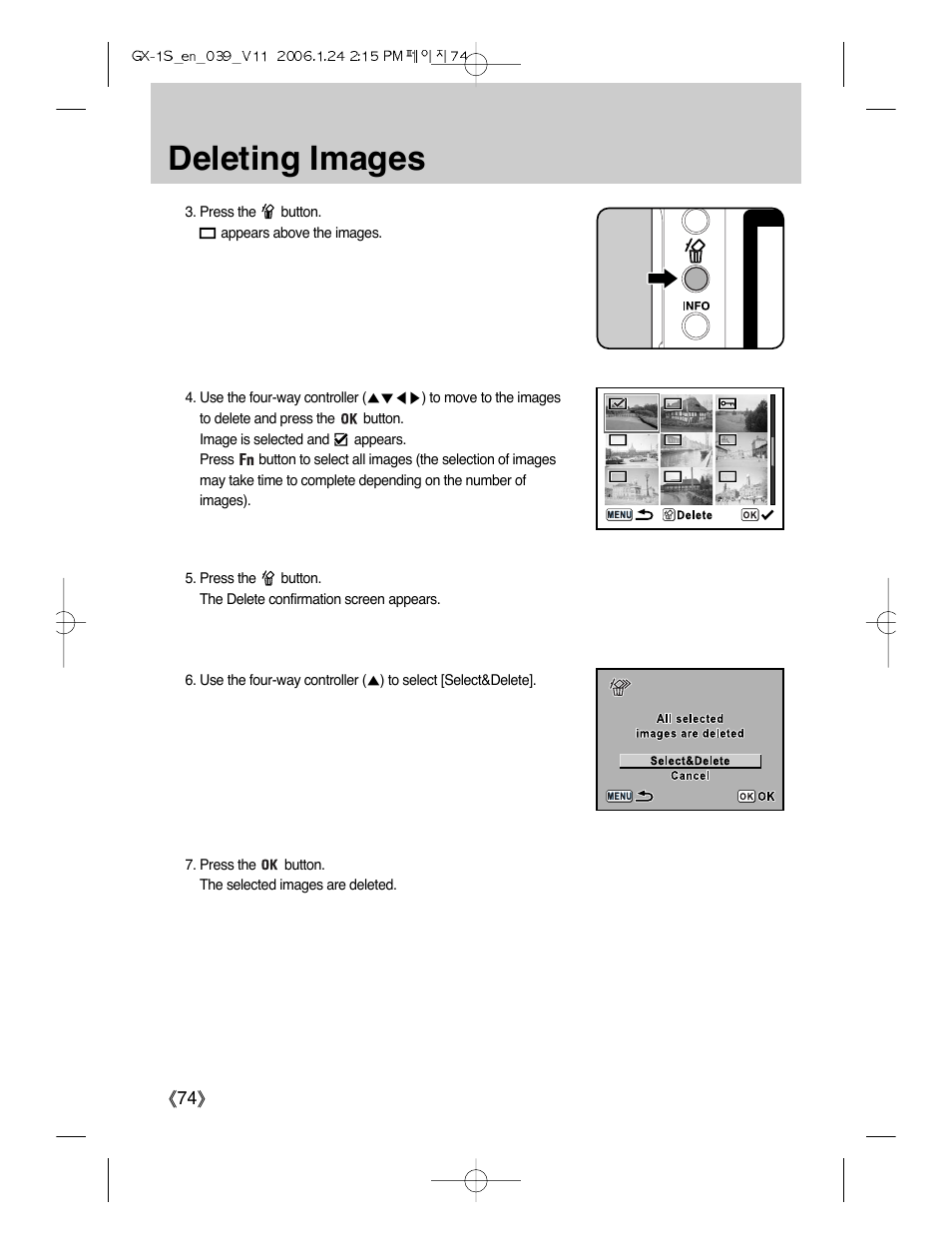 Deleting images | Samsung Digimax GX-1S User Manual | Page 75 / 214