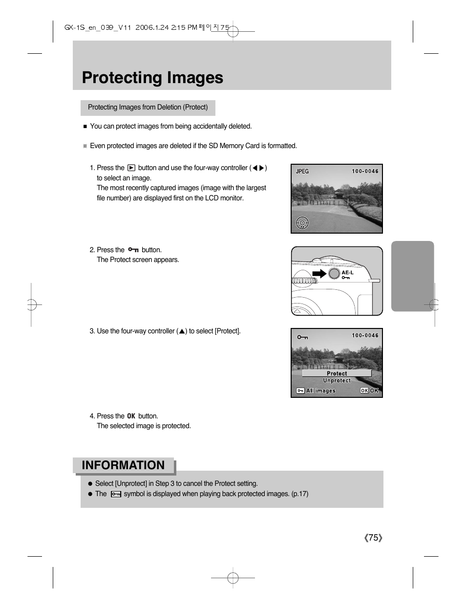 Protecting images, Information | Samsung Digimax GX-1S User Manual | Page 76 / 214
