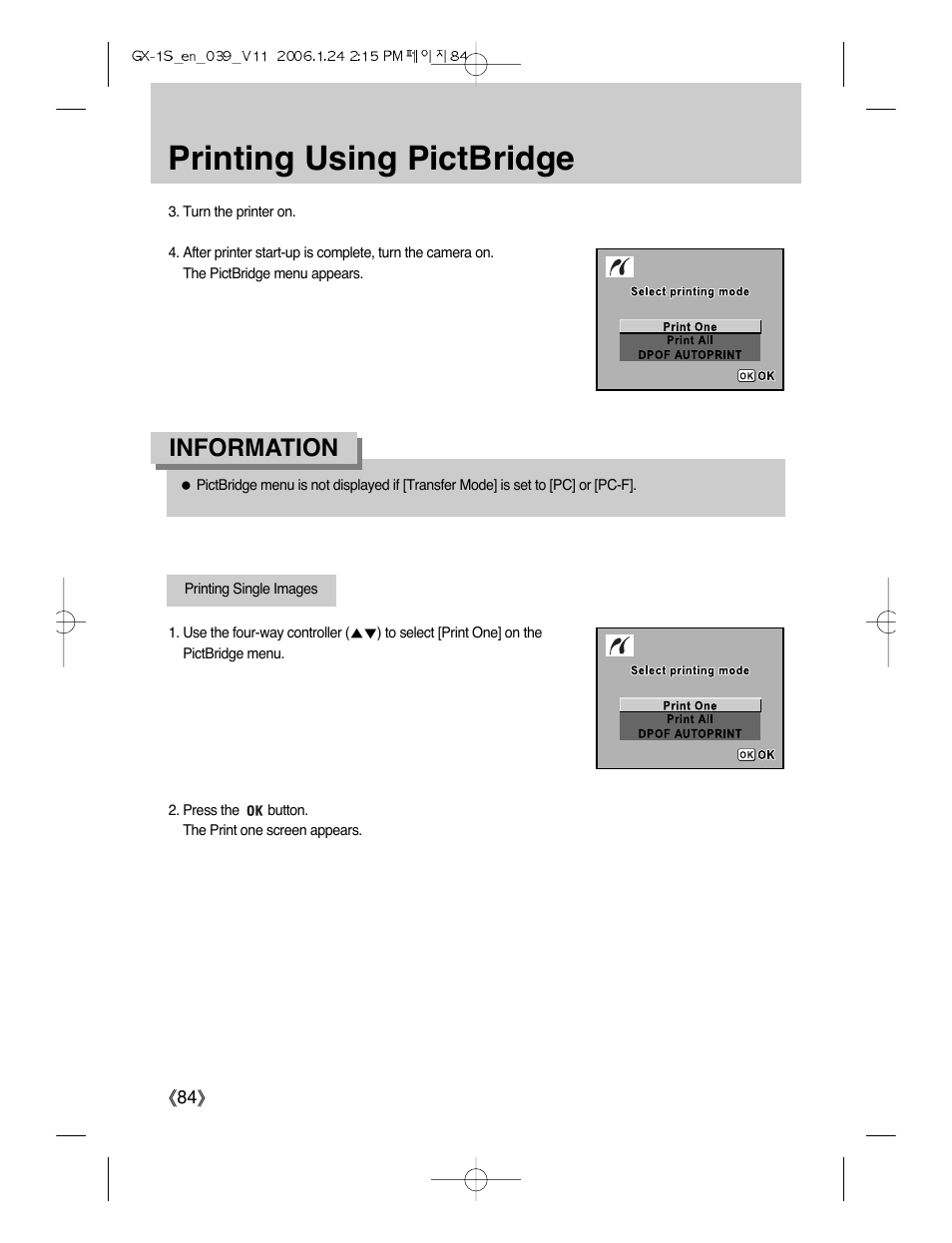 Printing using pictbridge, Information | Samsung Digimax GX-1S User Manual | Page 85 / 214