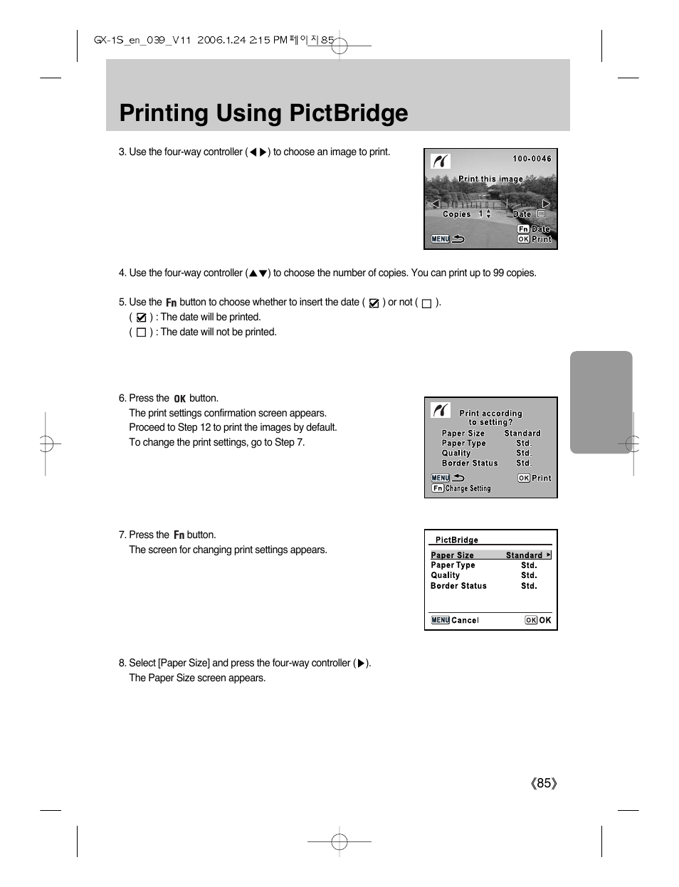Printing using pictbridge | Samsung Digimax GX-1S User Manual | Page 86 / 214