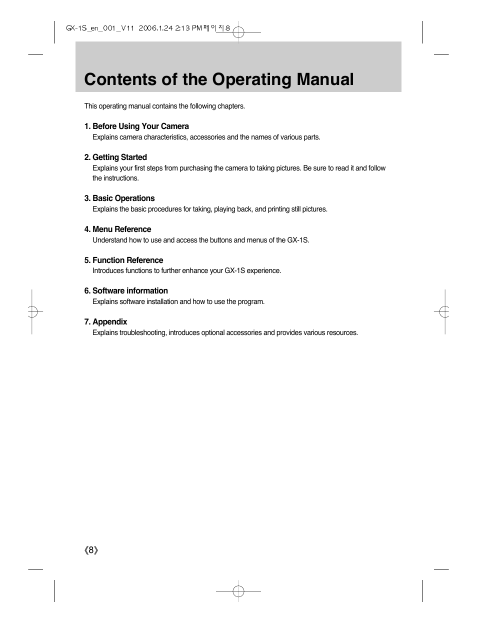 Contents of the operating manual | Samsung Digimax GX-1S User Manual | Page 9 / 214