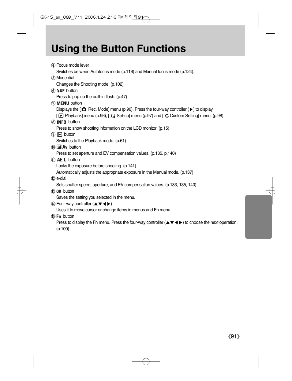 Using the button functions | Samsung Digimax GX-1S User Manual | Page 92 / 214