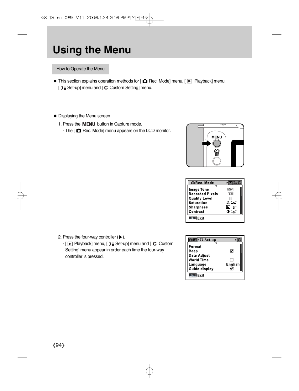 Using the menu | Samsung Digimax GX-1S User Manual | Page 95 / 214