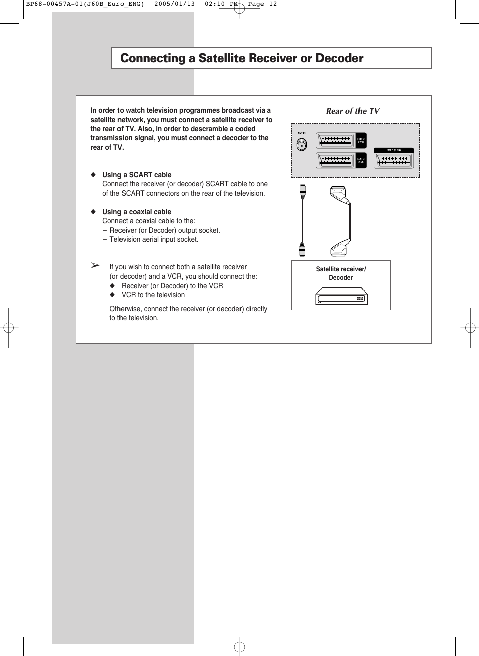 Connecting a satellite receiver or decoder | Samsung SP-43R1HL User Manual | Page 2 / 7