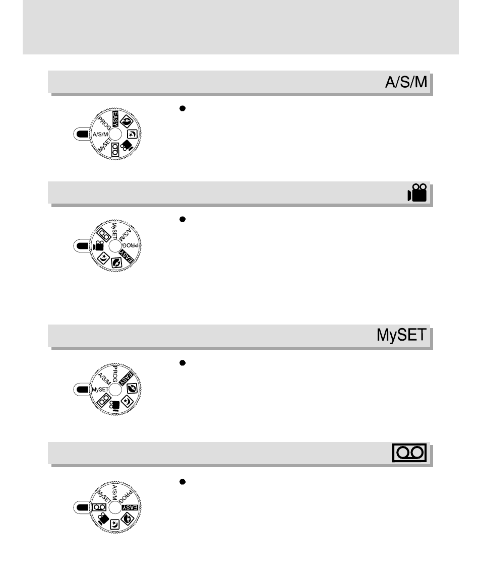 Mode dial, A/s/m, Movie clip | Myset, Voice recording | Samsung 3500 User Manual | Page 16 / 140