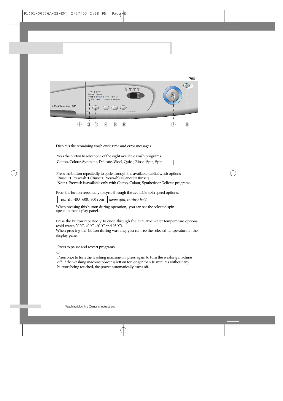 Washing a load of laundry, Overview of the control panel, Detergent dispenser 2. display panel | Program button, Option button, Spin selection button, Temperature selection button, Start/pause button, (on/off) button | Samsung P1401 User Manual | Page 10 / 22