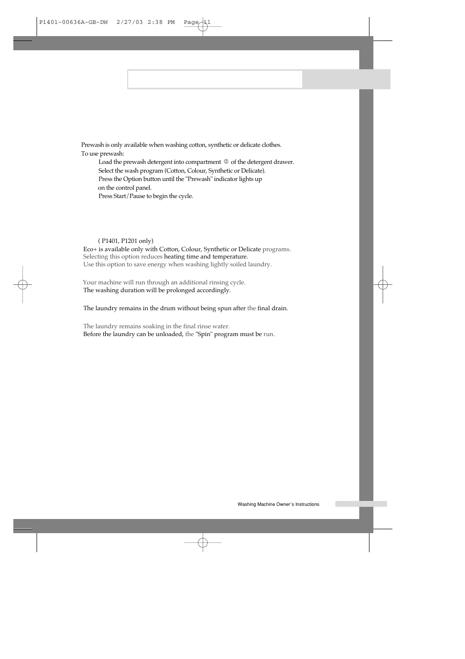 Setting prewash, Selecting options, Washing a load of laundry | Samsung P1401 User Manual | Page 13 / 22