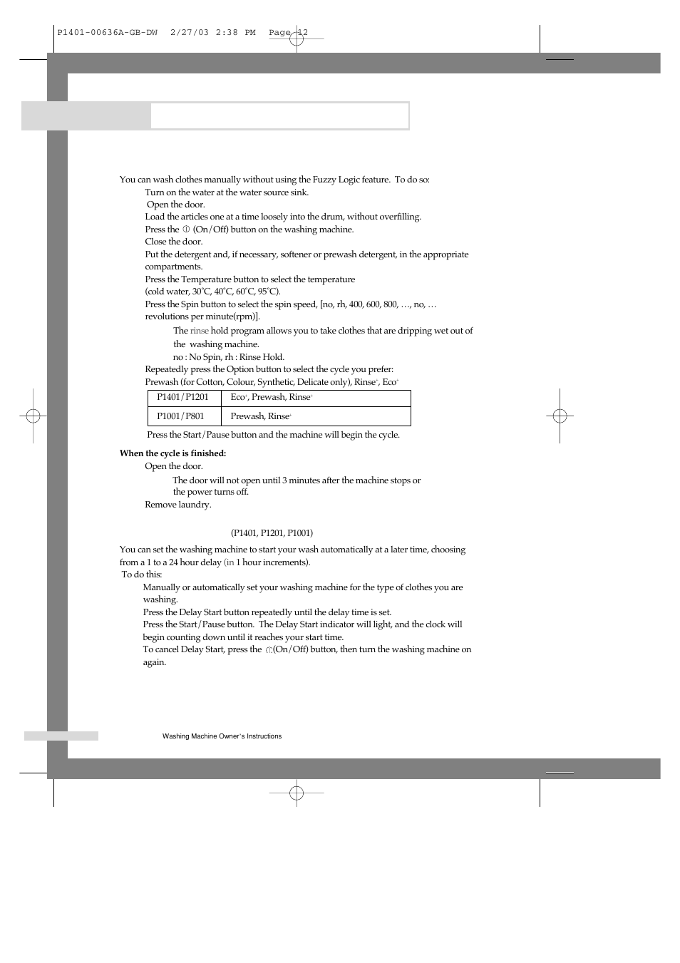 Washing clothes manually, Using delay start, Washing a load of laundry | Samsung P1401 User Manual | Page 14 / 22