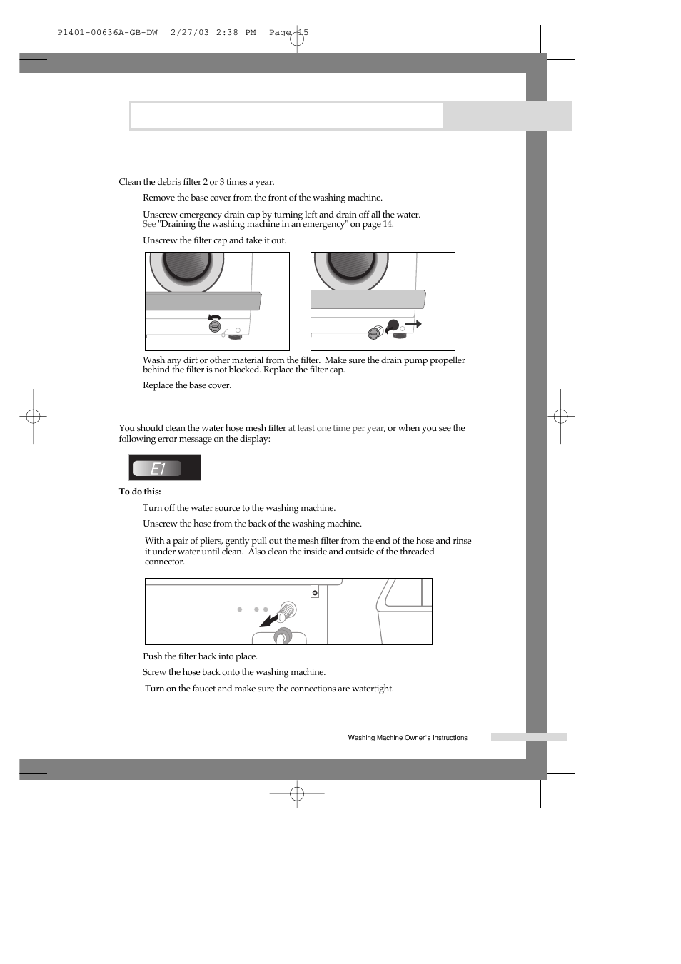 Cleaning the debris filter, Cleaning the water hose mesh filter, Maintaining the washing machine | Samsung P1401 User Manual | Page 17 / 22