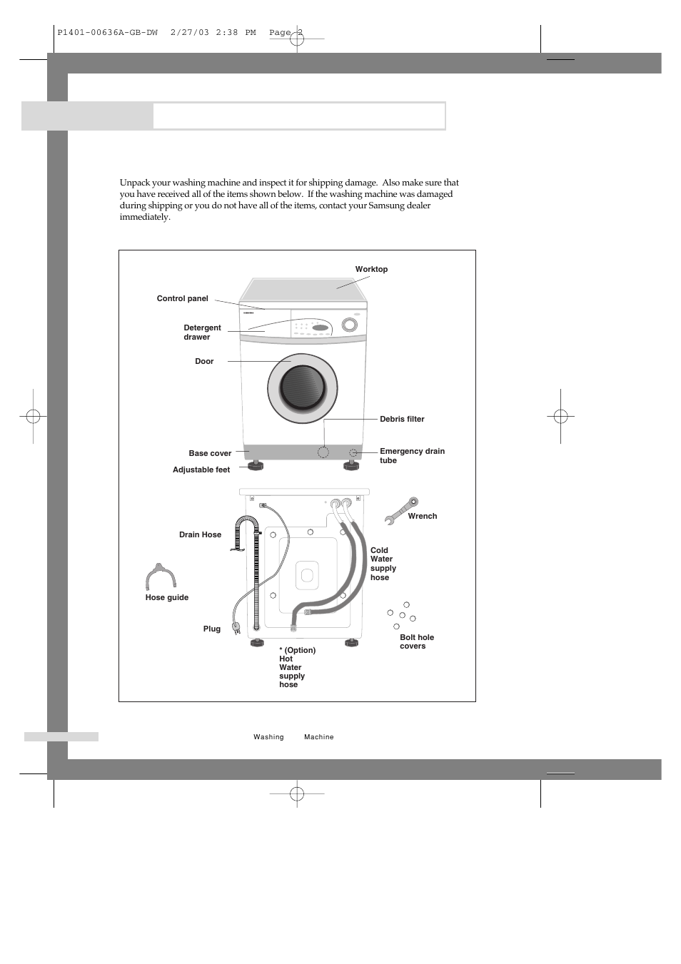 Installing the washing machine, Unpacking the washing machine, Overview of the washing machine | Samsung P1401 User Manual | Page 4 / 22