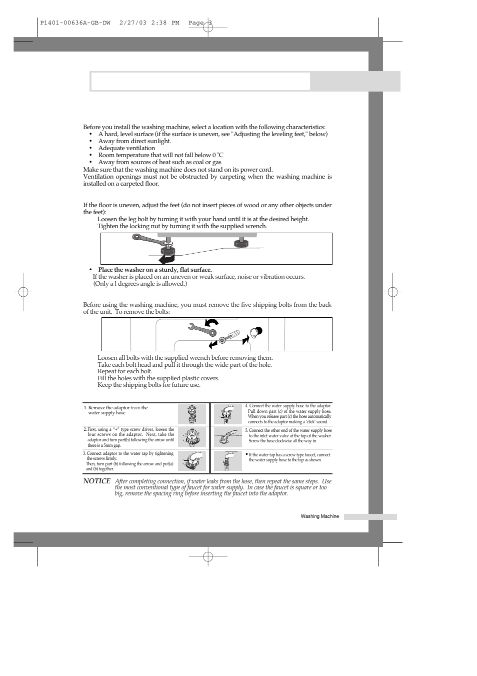 Installing the washing machine, Selecting a location, Adjusting the leveling feet | Removing the shipping bolts, Connecting the water supply hose, Connecting the water supply hose(option) | Samsung P1401 User Manual | Page 5 / 22