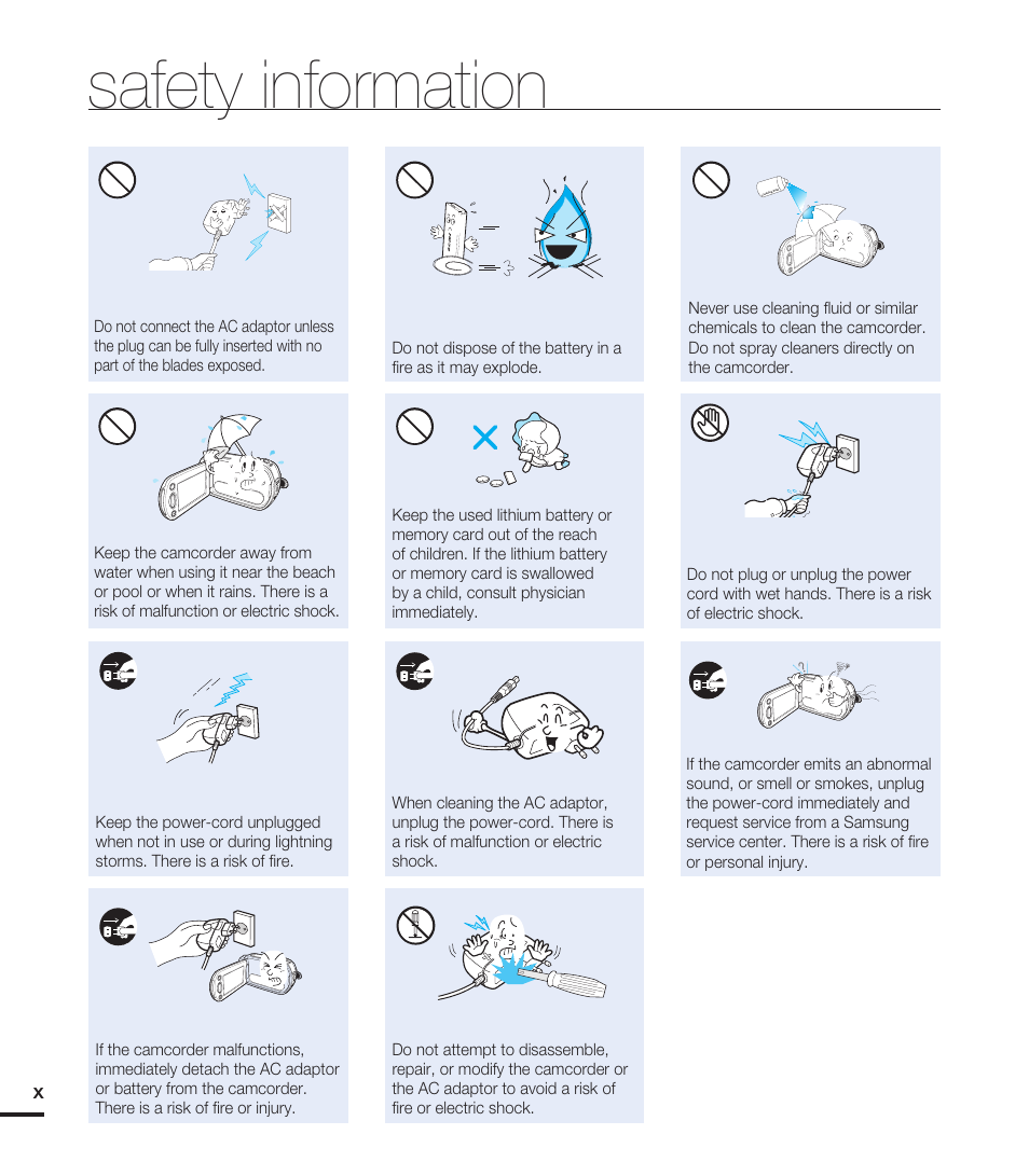 Safety information | Samsung HMX-T10WN User Manual | Page 10 / 127