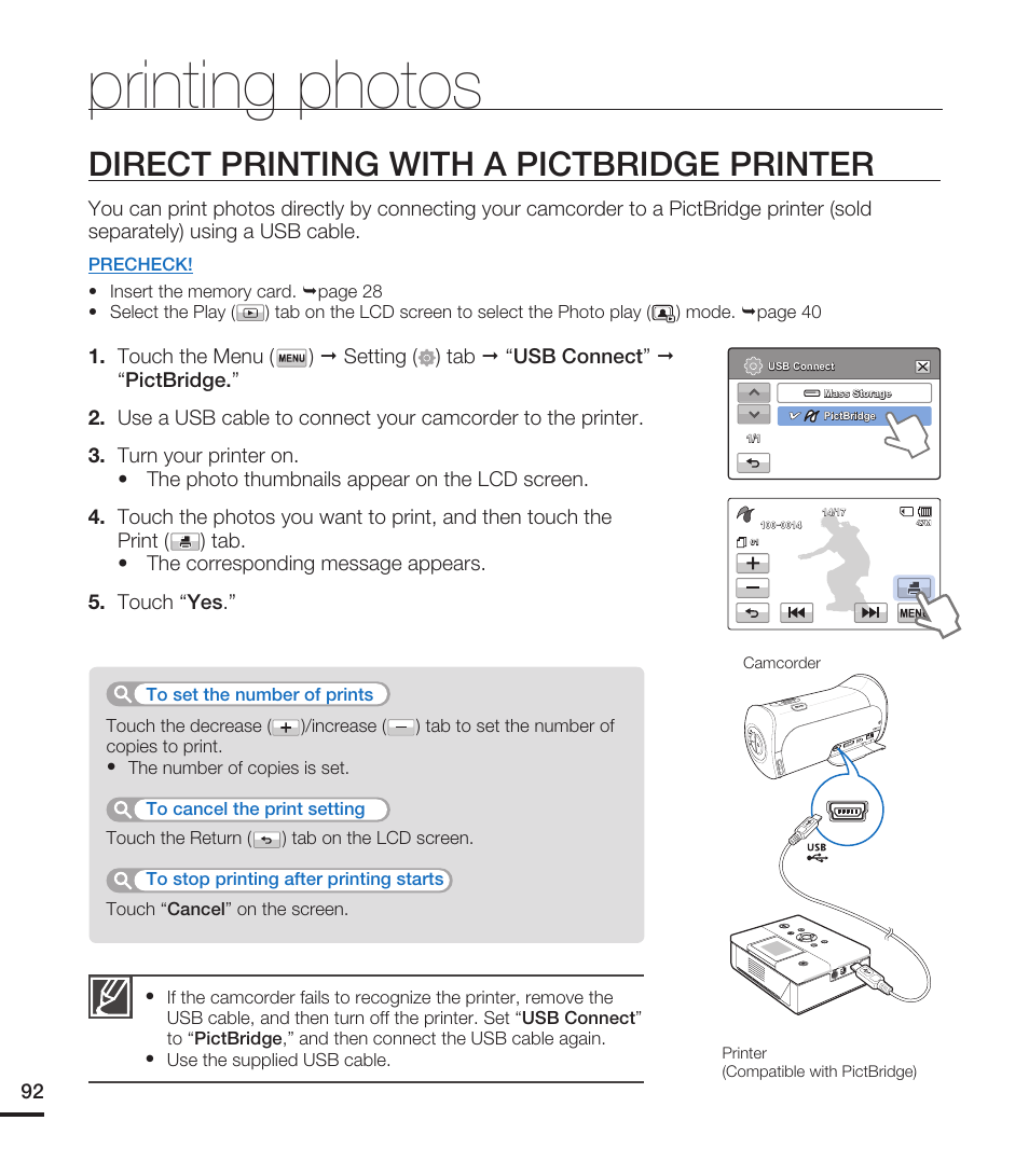 Printing photos, Direct printing with a pictbridge printer | Samsung HMX-T10WN User Manual | Page 102 / 127