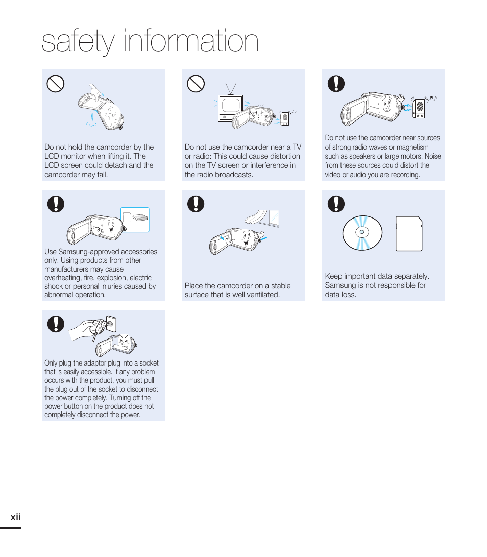 Safety information | Samsung HMX-T10WN User Manual | Page 12 / 127