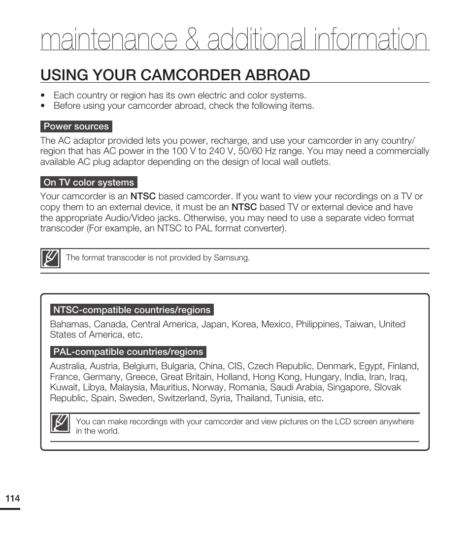 Using your camcorder abroad, Maintenance & additional information | Samsung HMX-T10WN User Manual | Page 124 / 127