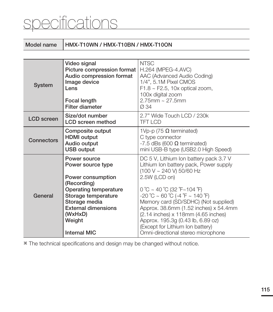 Specifications | Samsung HMX-T10WN User Manual | Page 125 / 127