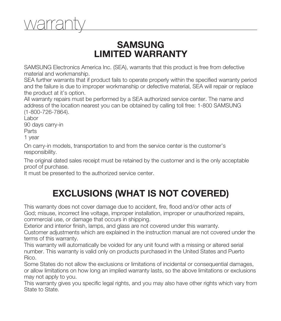 Warranty, Samsung limited warranty, Exclusions (what is not covered) | Samsung HMX-T10WN User Manual | Page 126 / 127