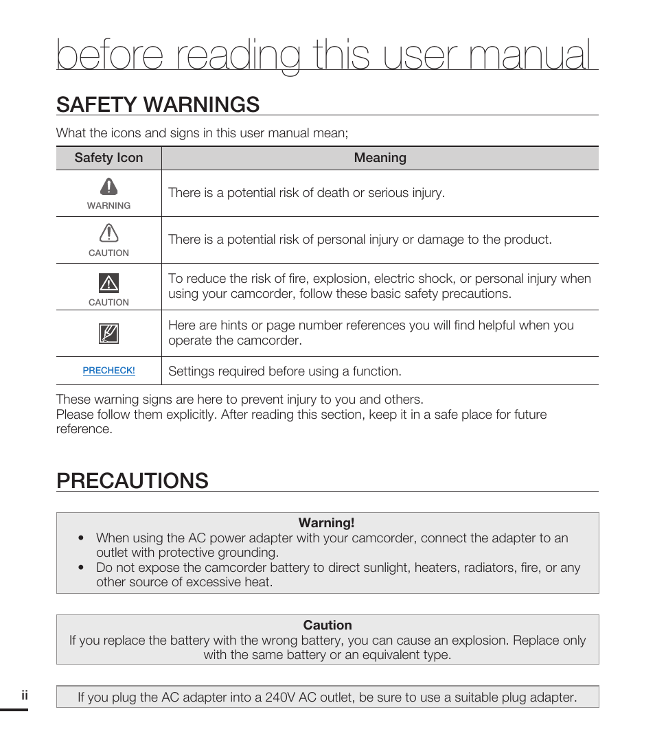 Before reading this user manual, Safety warnings, Precautions | Samsung HMX-T10WN User Manual | Page 2 / 127