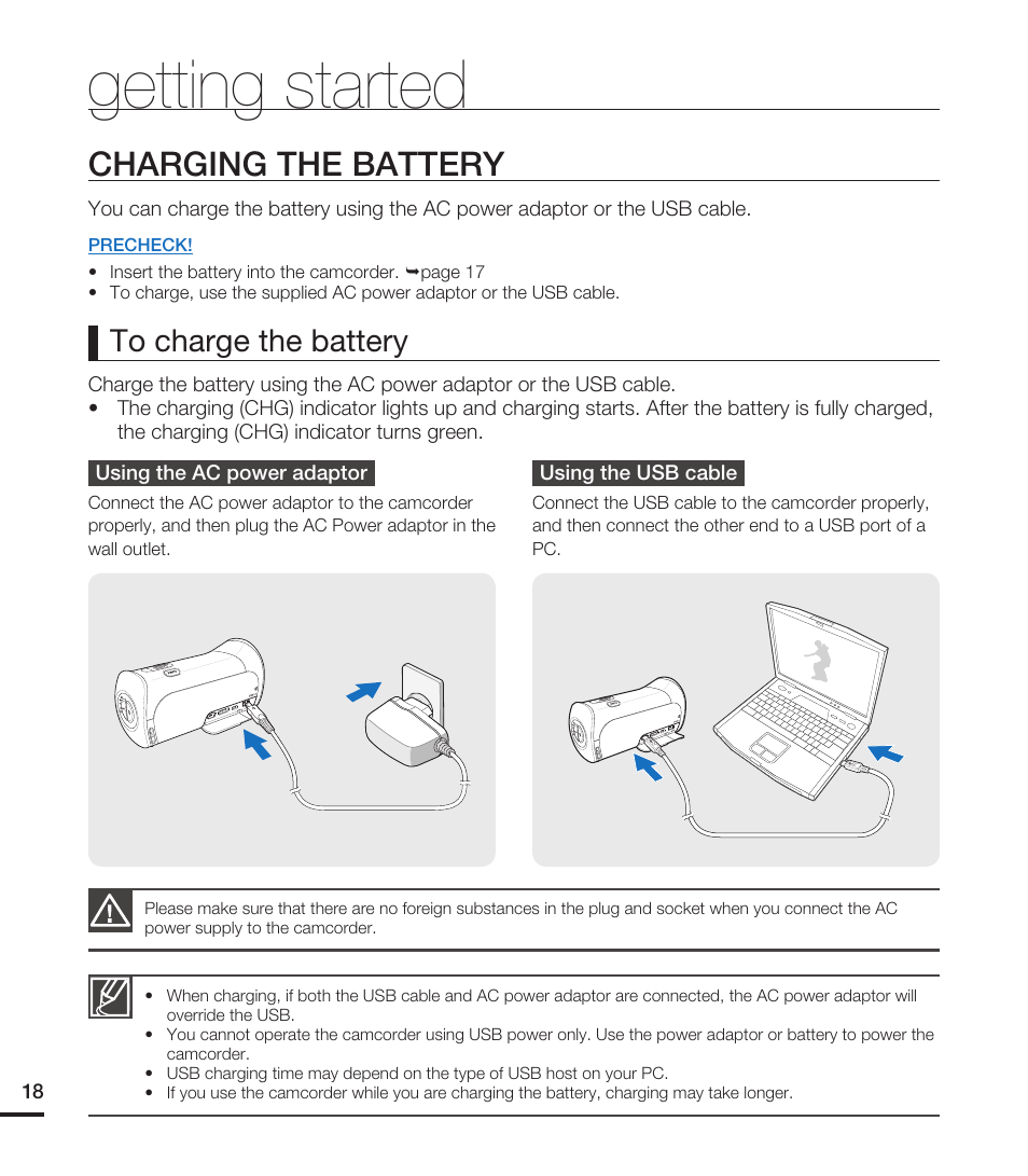 Charging the battery, Getting started | Samsung HMX-T10WN User Manual | Page 28 / 127
