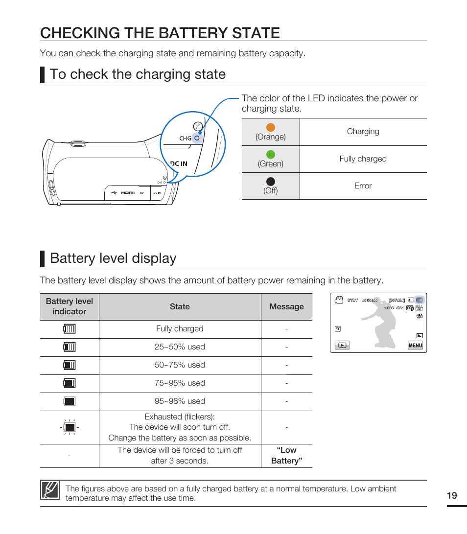 Checking the battery state | Samsung HMX-T10WN User Manual | Page 29 / 127