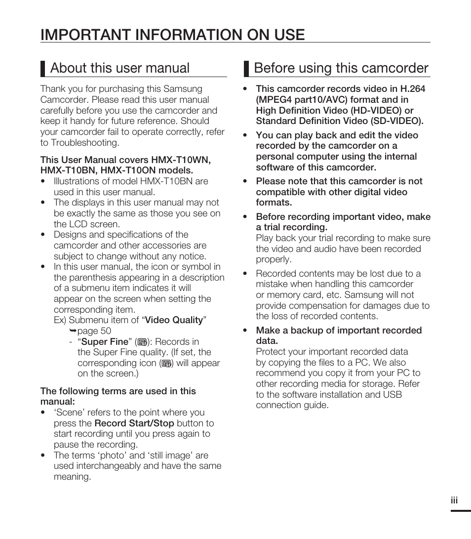 Important information on use, About this user manual before using this camcorder | Samsung HMX-T10WN User Manual | Page 3 / 127